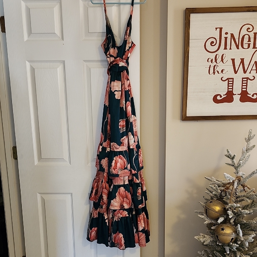 Floral Tiered Maxi Dress in Navy and Pink